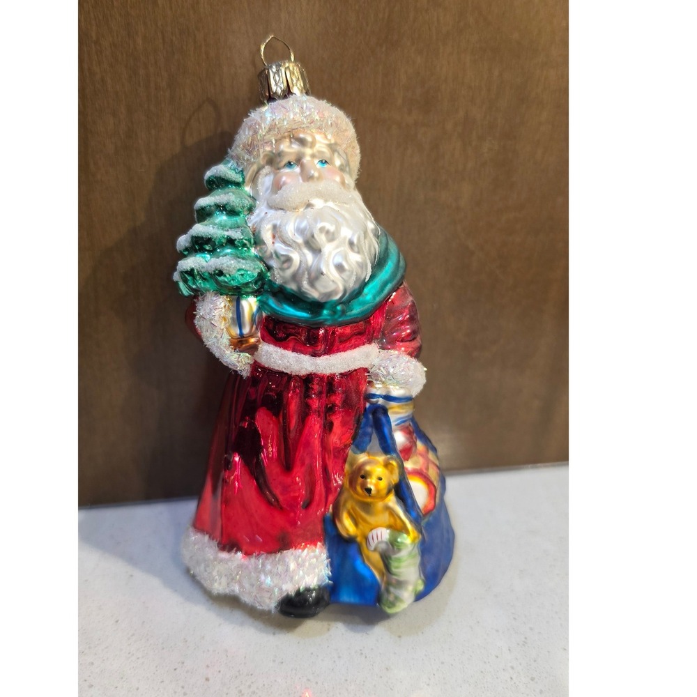 Vintage Style Glass Santa Claus Christmas Ornament Red Glitter Tree Teddy Bear
